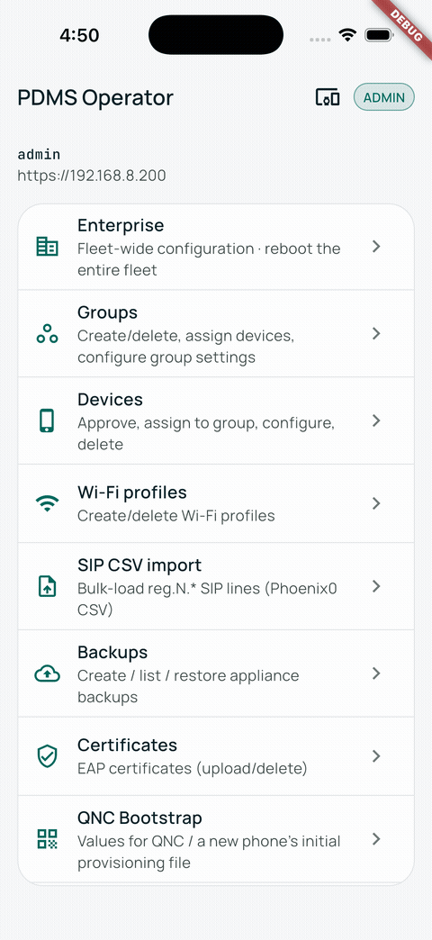 Screen recording of the Device Beam Operator app: navigating from the admin menu into Enterprise settings, Devices, and Groups, and back.